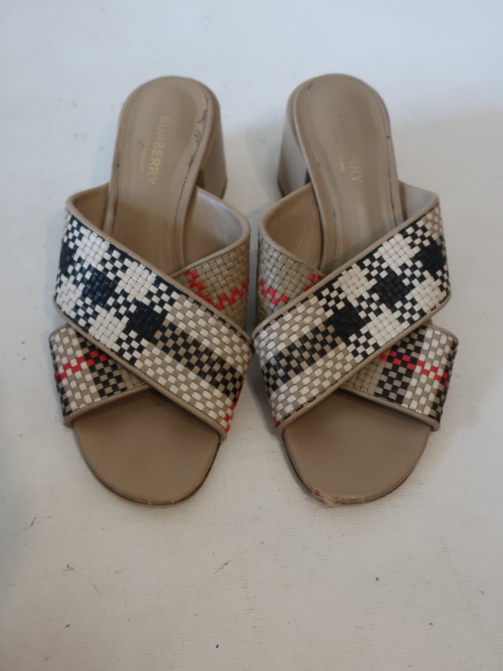 Womens Burberry Beige Check Lattice Woven Leather Block Heel Sandal 38.5 US/8.5